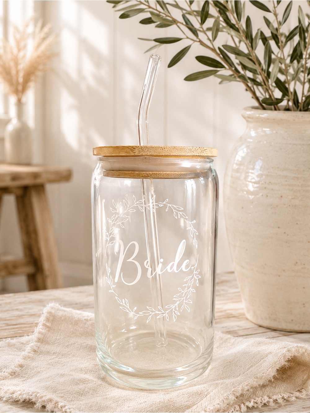 ✨ Bride Tumbler Glass Cup with Straw + Bamboo Lid Wedding Bridal Shower Gift ✨